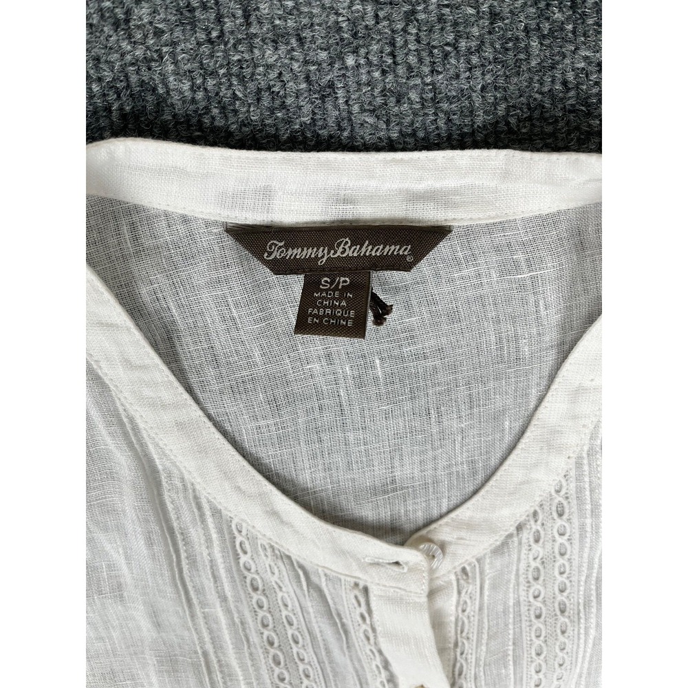 Tommy Bahama Women's Size S/P 100% Linen White Blouse Long Sleeve Collarless - Picture 3 of 6
